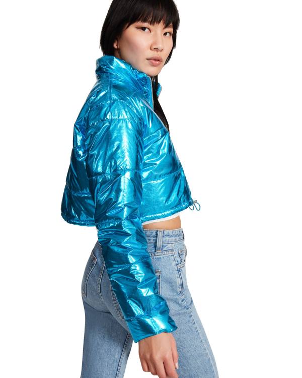 Kurtki Damskie Steve Madden Cropped Metallic Puffer Niebieskie | SM-189NL