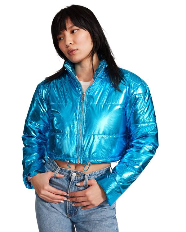 Kurtki Damskie Steve Madden Cropped Metallic Puffer Niebieskie | SM-189NL