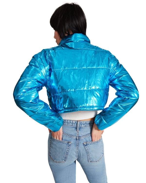 Kurtki Damskie Steve Madden Cropped Metallic Puffer Niebieskie | SM-189NL