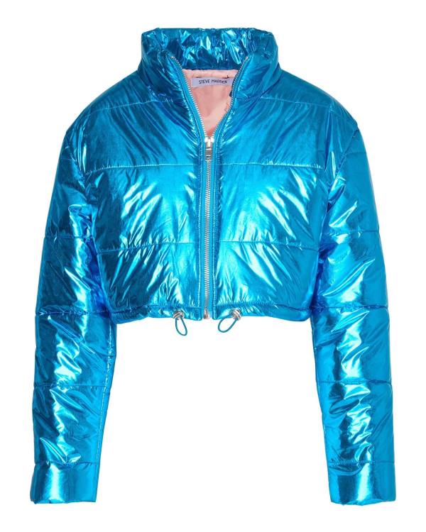 Kurtki Damskie Steve Madden Cropped Metallic Puffer Niebieskie | SM-189NL