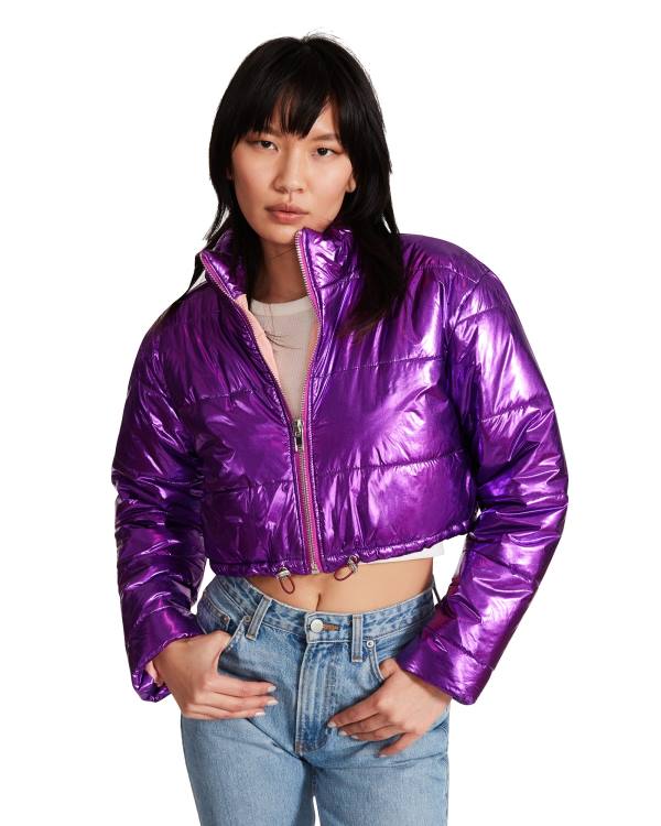 Kurtki Damskie Steve Madden Cropped Metallic Puffer Fioletowe | SM-209PZ