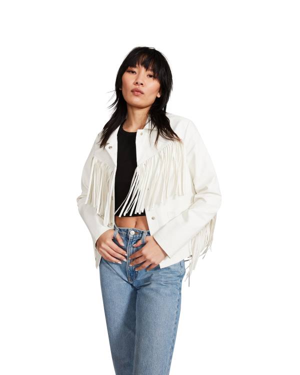 Kurtki Damskie Steve Madden Fringe Białe | SM-872RF