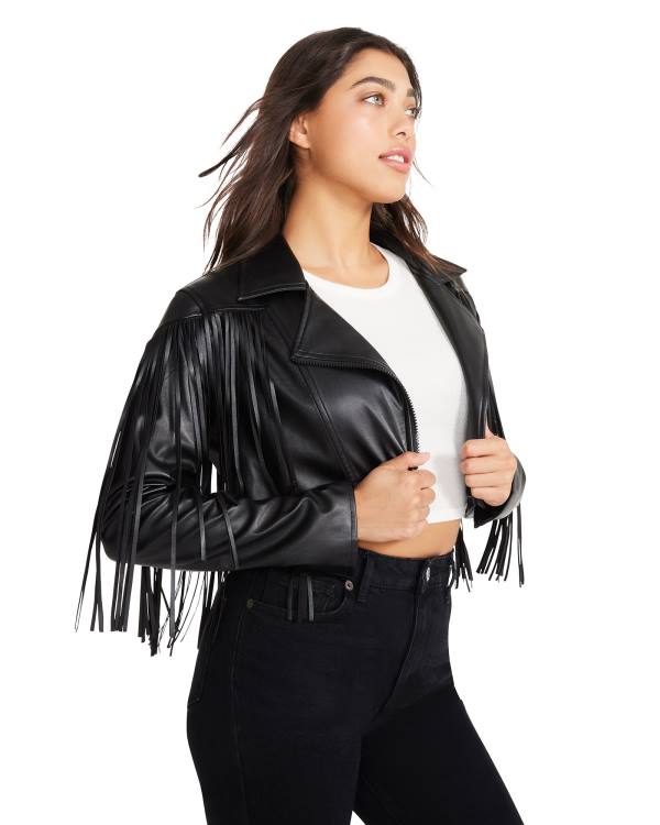 Kurtki Damskie Steve Madden Fringe Faux Skórzane Czarne | SM-104RS