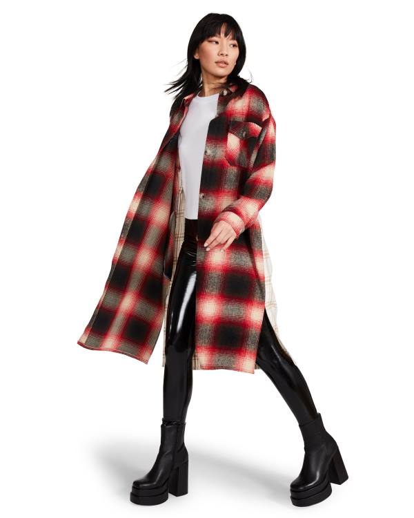 Kurtki Damskie Steve Madden Mixed Plaid Duster Czerwone | SM-016SQ