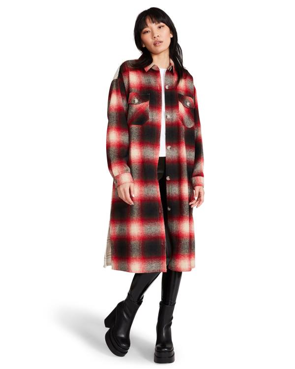 Kurtki Damskie Steve Madden Mixed Plaid Duster Czerwone | SM-016SQ