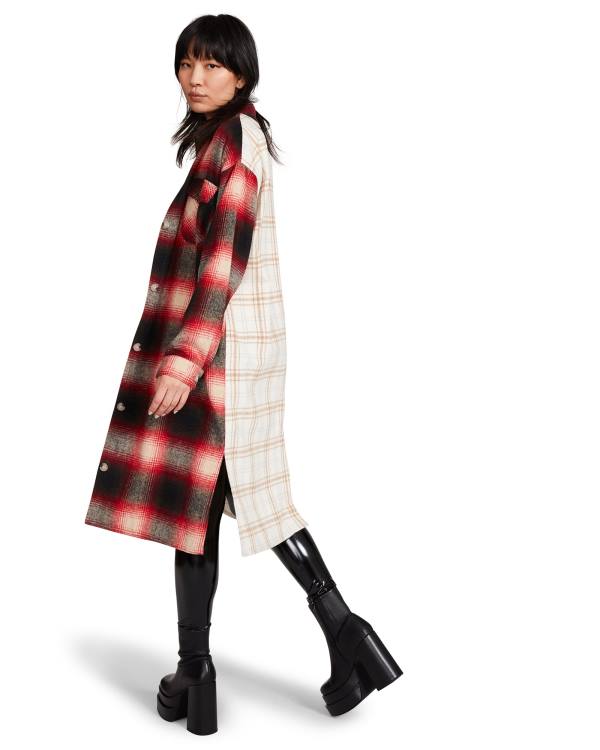 Kurtki Damskie Steve Madden Mixed Plaid Duster Czerwone | SM-016SQ