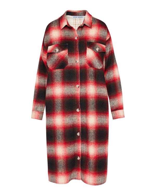 Kurtki Damskie Steve Madden Mixed Plaid Duster Czerwone | SM-016SQ