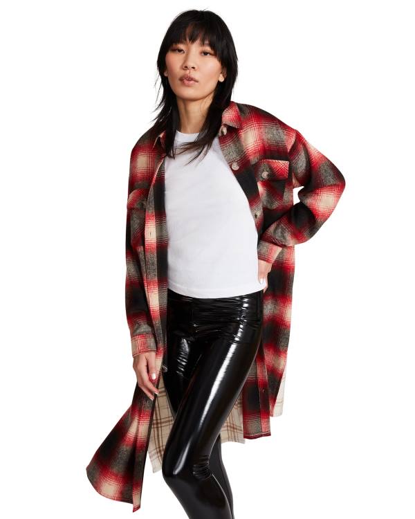 Kurtki Damskie Steve Madden Mixed Plaid Duster Czerwone | SM-016SQ