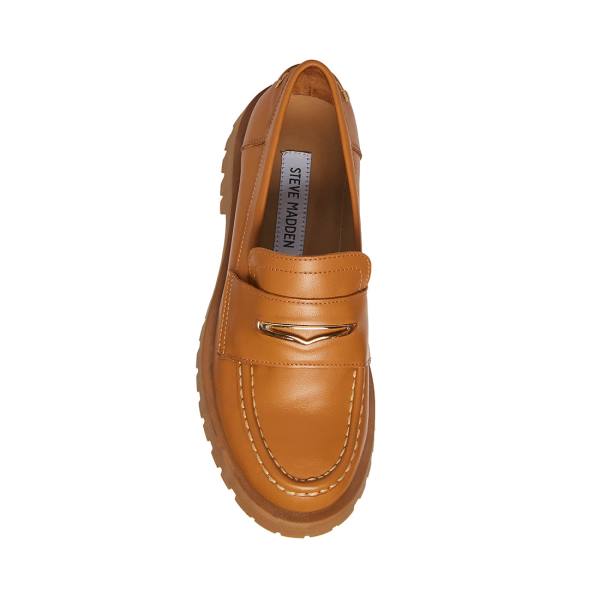 Loafersy Damskie Steve Madden Lawrence Cognac Skórzane Brązowe | SM-236BX