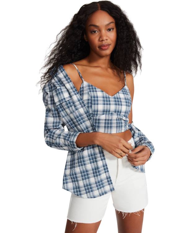 Najfatalniejszy Damskie Steve Madden Checkered Button Up Niebieskie | SM-631NC