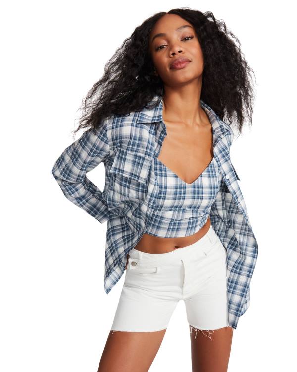 Najfatalniejszy Damskie Steve Madden Checkered Button Up Niebieskie | SM-631NC