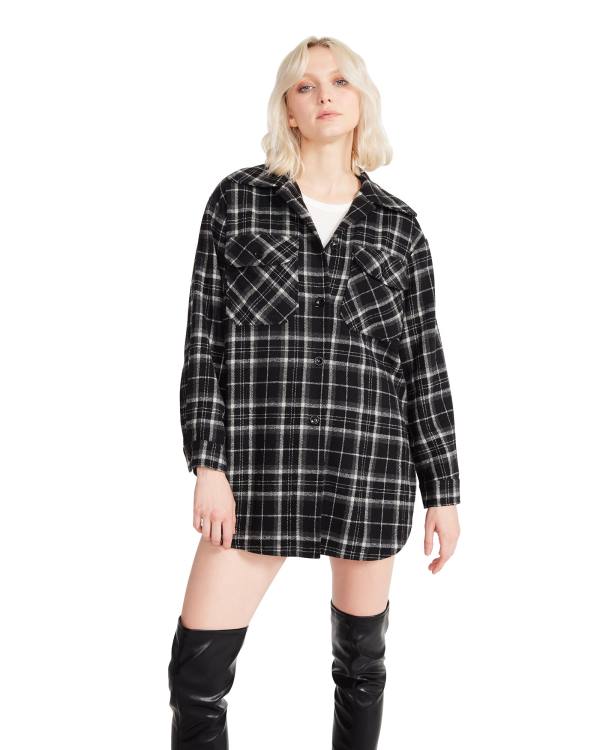 Najfatalniejszy Damskie Steve Madden Oversized Plaid Flannel Czarne | SM-159AM