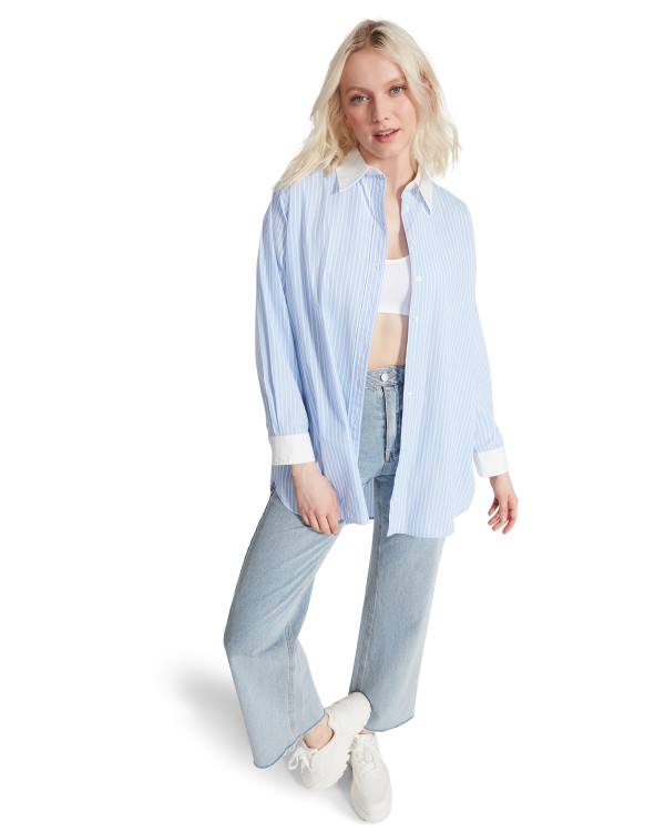 Najfatalniejszy Damskie Steve Madden Oversized Button Up Niebieskie | SM-480HY