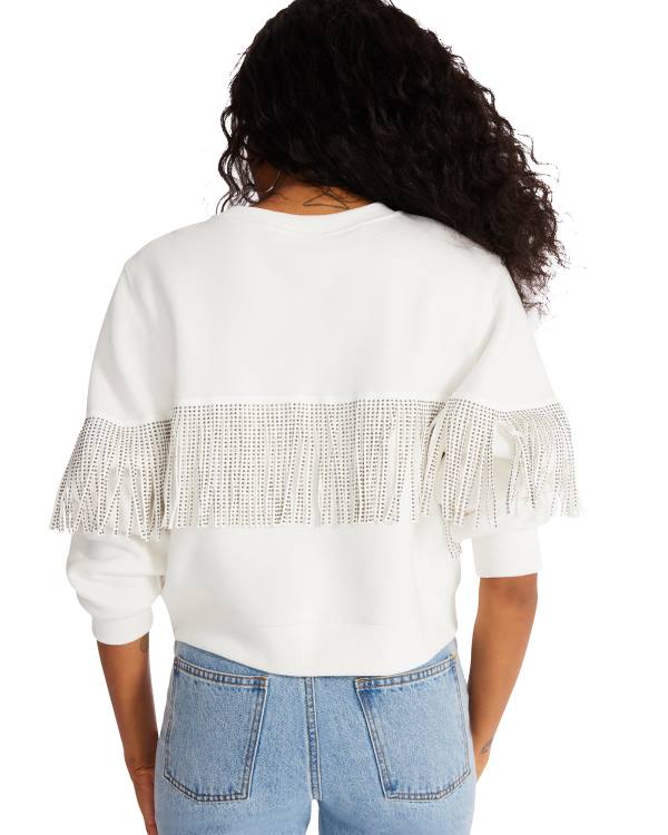 Najfatalniejszy Damskie Steve Madden Rhinestone Fringe Crew Neck Białe | SM-257TB