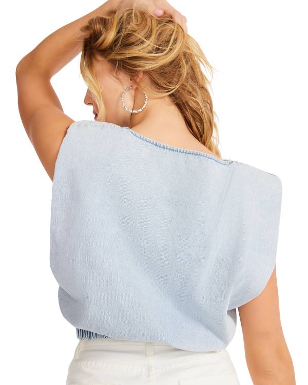 Najfatalniejszy Damskie Steve Madden Shoulder Pad Cropped Tank Denim Fabric Niebieskie | SM-871YZ