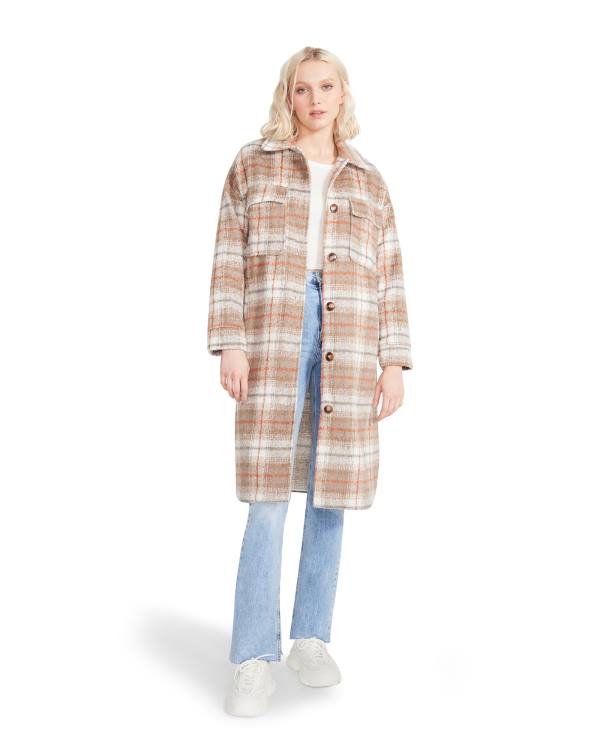 Płaszcze Damskie Steve Madden Long Plaid Taupe Szare Brązowe | SM-457PG