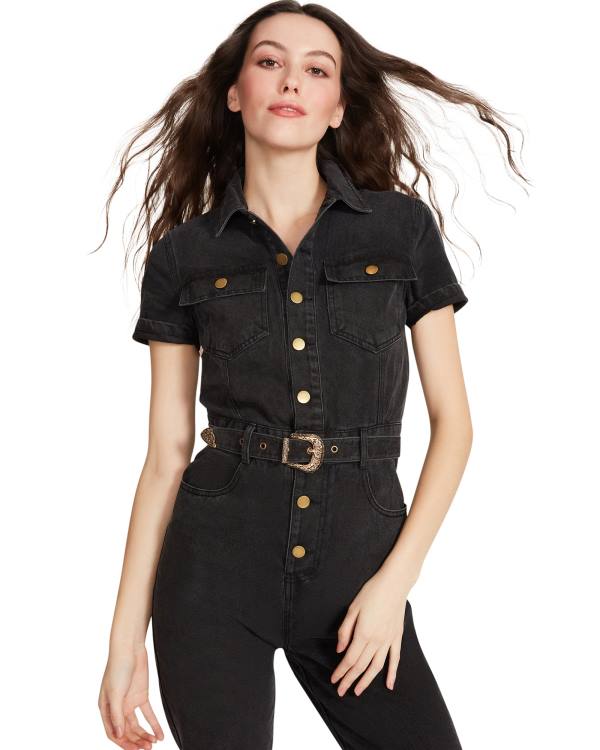 Spódnice Damskie Steve Madden Denim Krótkie Sleeve Jumpsuit Czarne | SM-397XY