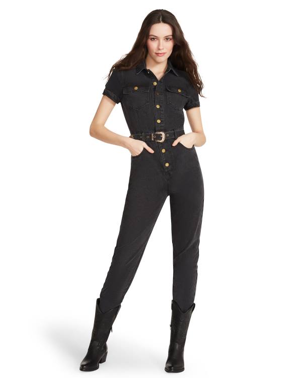 Spódnice Damskie Steve Madden Denim Krótkie Sleeve Jumpsuit Czarne | SM-397XY