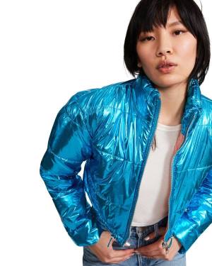 Kurtki Damskie Steve Madden Cropped Metallic Puffer Niebieskie | SM-189NL