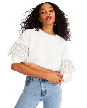 Najfatalniejszy Damskie Steve Madden Rhinestone Fringe Crew Neck Białe | SM-257TB